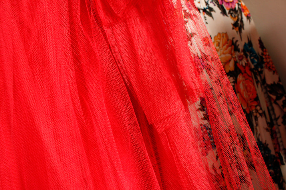 1940s Red Formal Tulle Strapless Gown - Medium