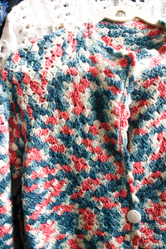 1940s Pink & Blue Crochet Sweater - Med to Large
