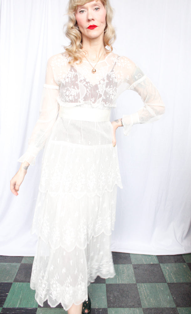 Edwardian Lace Tulle Tiered Sheer Wedding Dress - Small