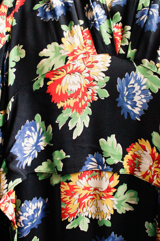 1940s Floral Puff Sleeve Rayon Dress - Small