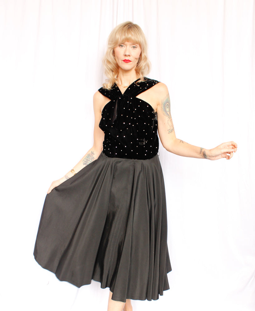 1940s Velvet & Rhinestone Party Dress - Medium