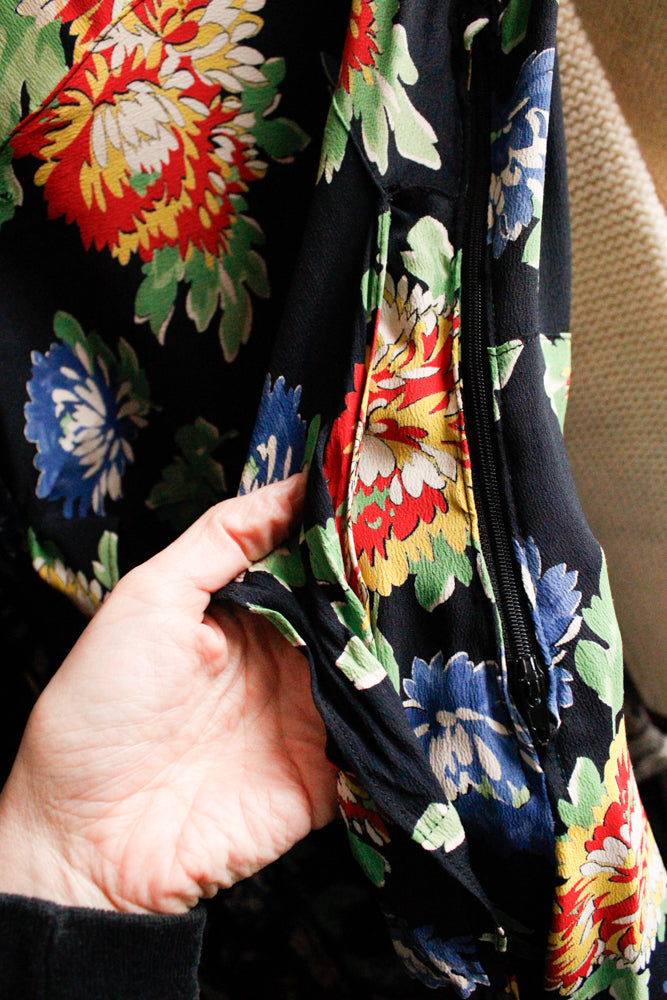 1940s Floral Puff Sleeve Rayon Dress - Small