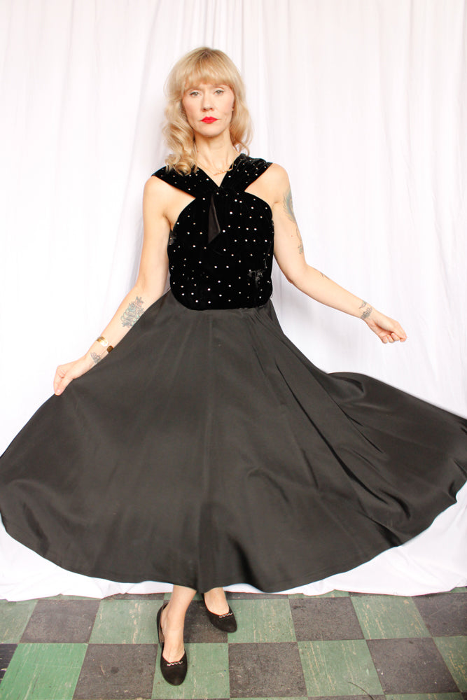 1940s Velvet & Rhinestone Party Dress - Medium
