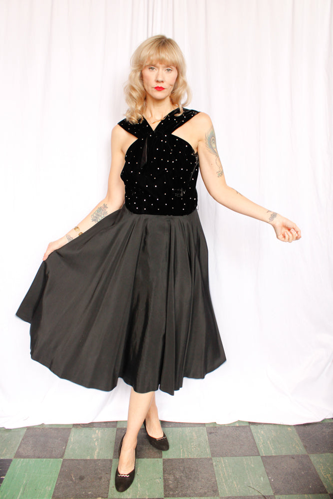 1940s Velvet & Rhinestone Party Dress - Medium