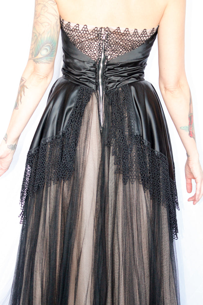 1950s Silk Satin & Tulle Marshall Fields Co Halter Gown - Small