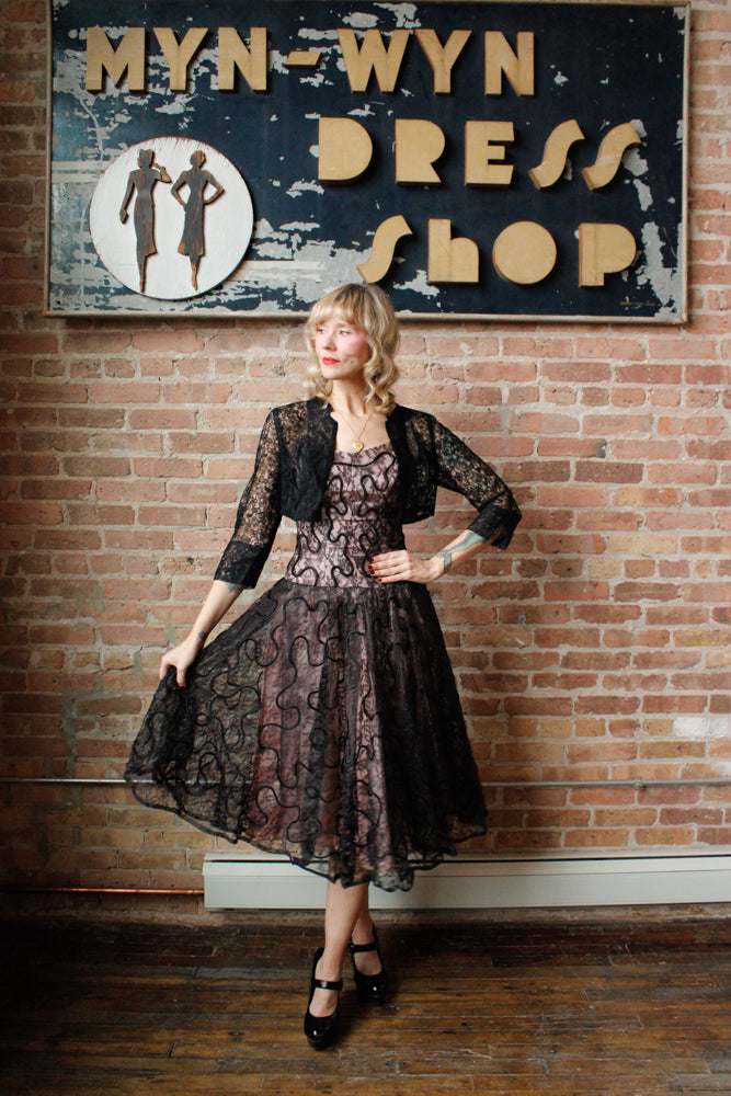 1950s Custom Lace & Taffeta Party Dress with Bolero - Small
