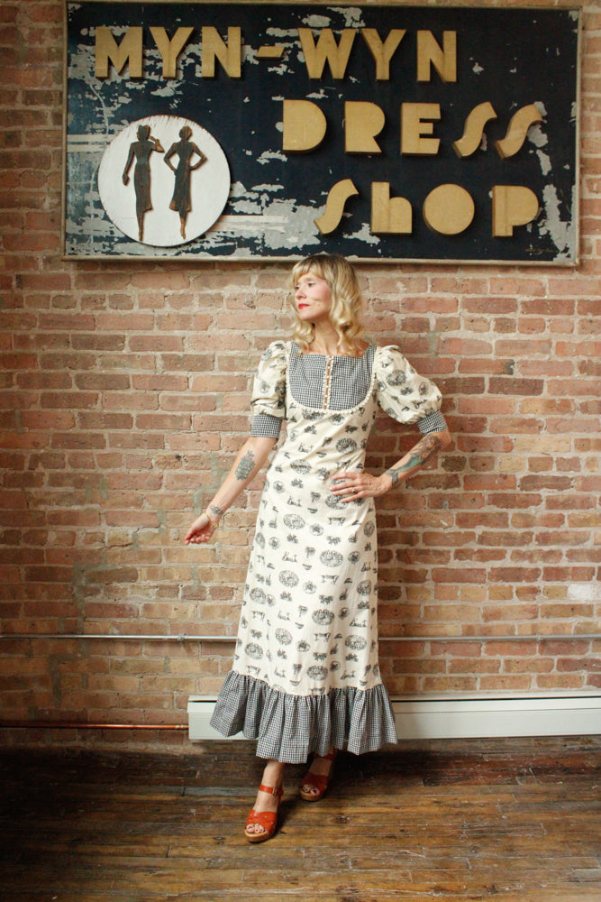 1970s Marianne Folk Print Maxi Dress - S/M