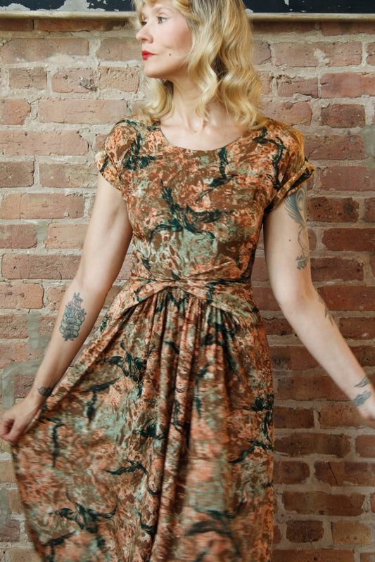 1940s Silk Birds of a Feather Dress - Small