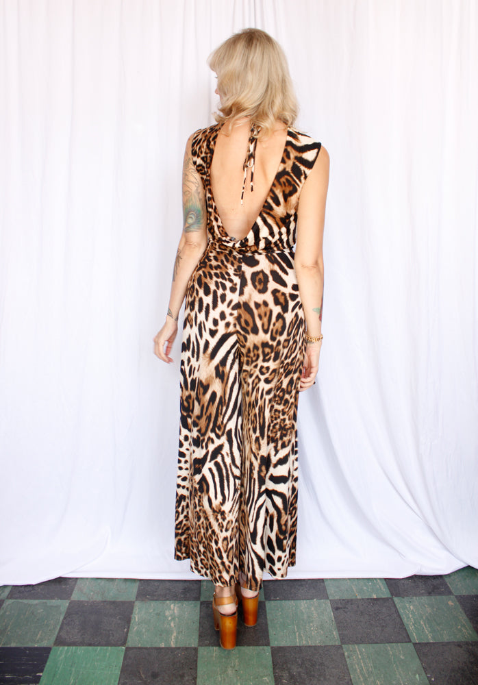 Y2K 2000s Cheetah Print Jersey Jumpsuit - Xs/S