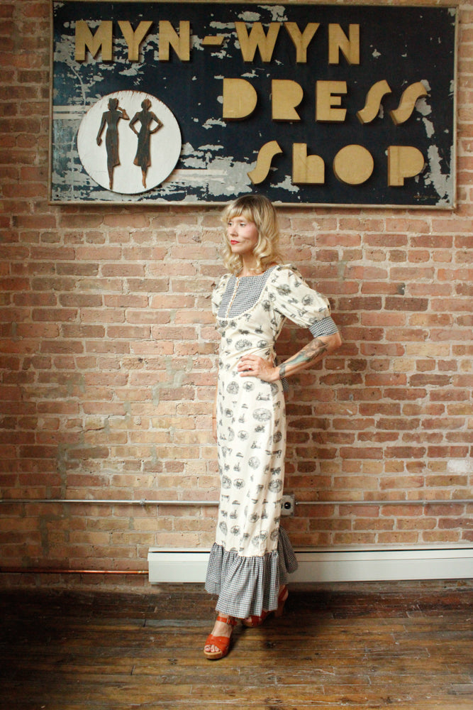 1970s Marianne Folk Print Maxi Dress - S/M