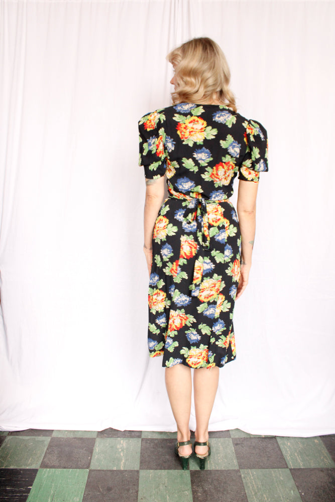 1940s Floral Puff Sleeve Rayon Dress - Small