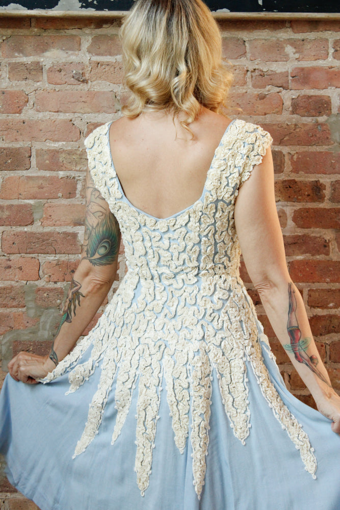 1950s Ribbon Blue Linen Dress - S/M