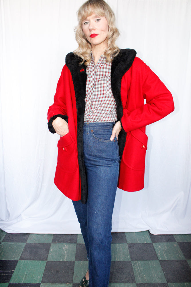 1960s Red Wool Davis Car Coat - M/L
