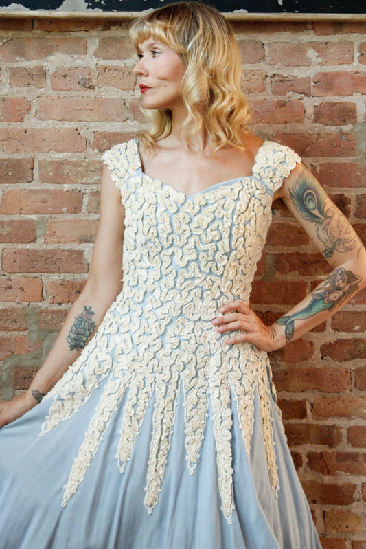 1950s Ribbon Blue Linen Dress - S/M