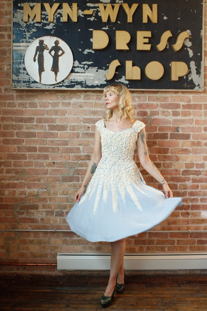1950s Ribbon Blue Linen Dress - S/M