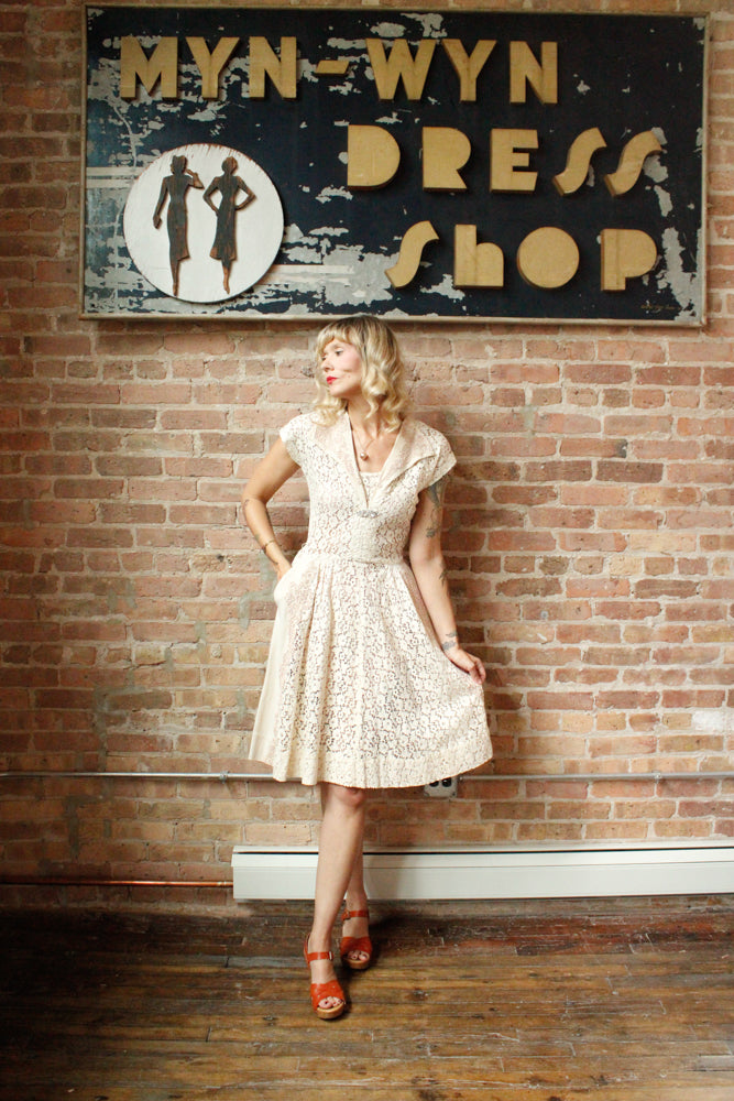 1950s Mademoiselle Juliette Ivory Lace Dress - Small