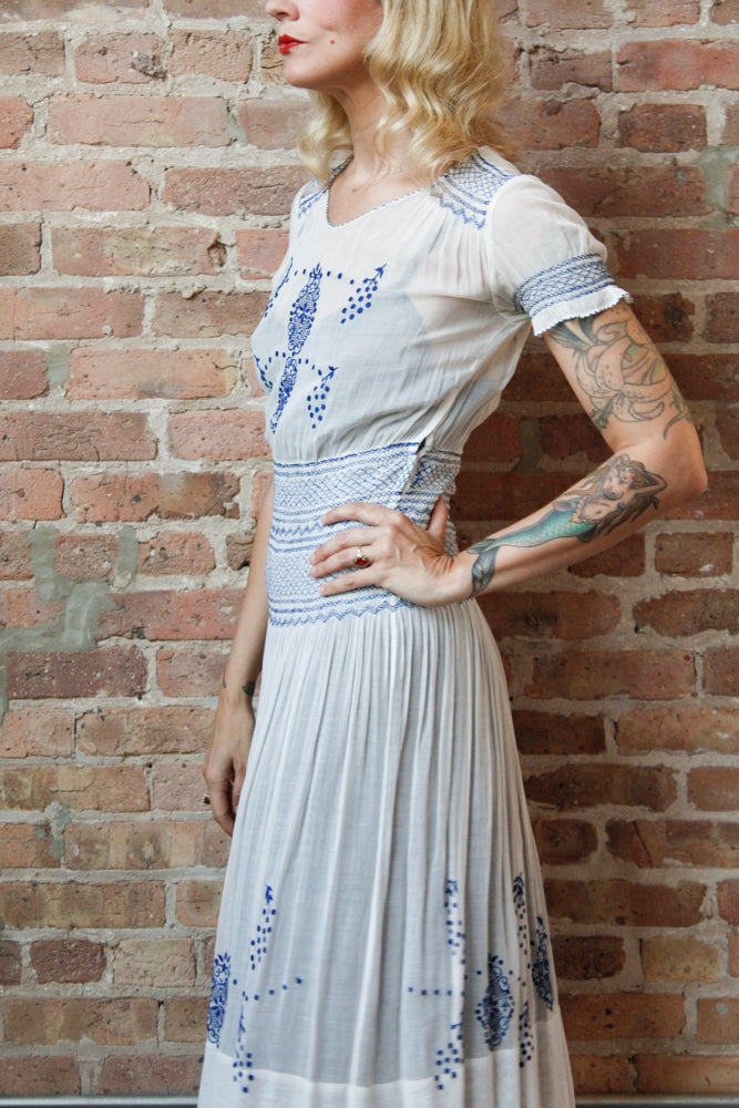 1930s Hungarian Blue Embroidered Cotton Voile Dress - Xs/S