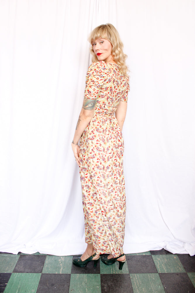 1930s Rayon Jersey Floral Gown - Xsmall1930s Rayon Jersey Floral Gown - Xsmall