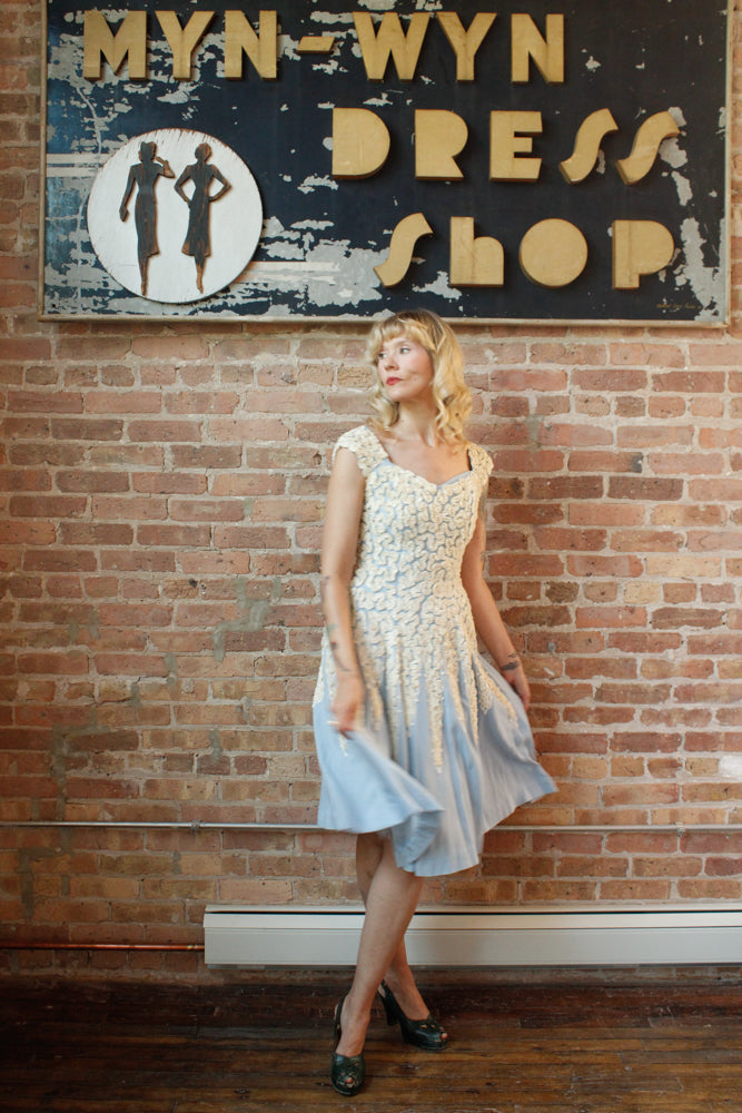 1950s Ribbon Blue Linen Dress - S/M