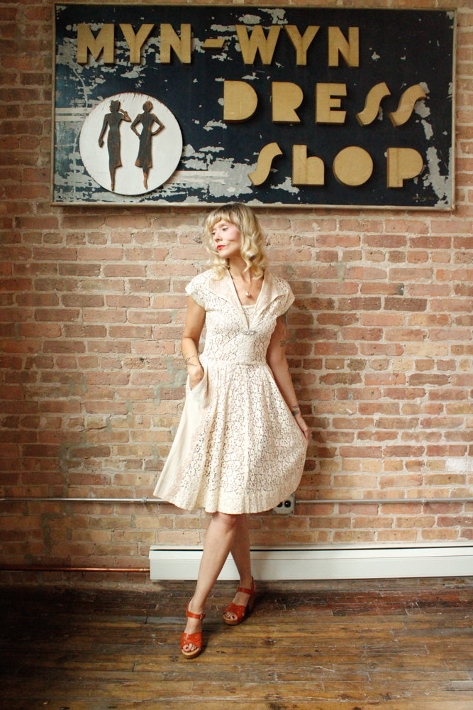 1950s Mademoiselle Juliette Ivory Lace Dress - Small