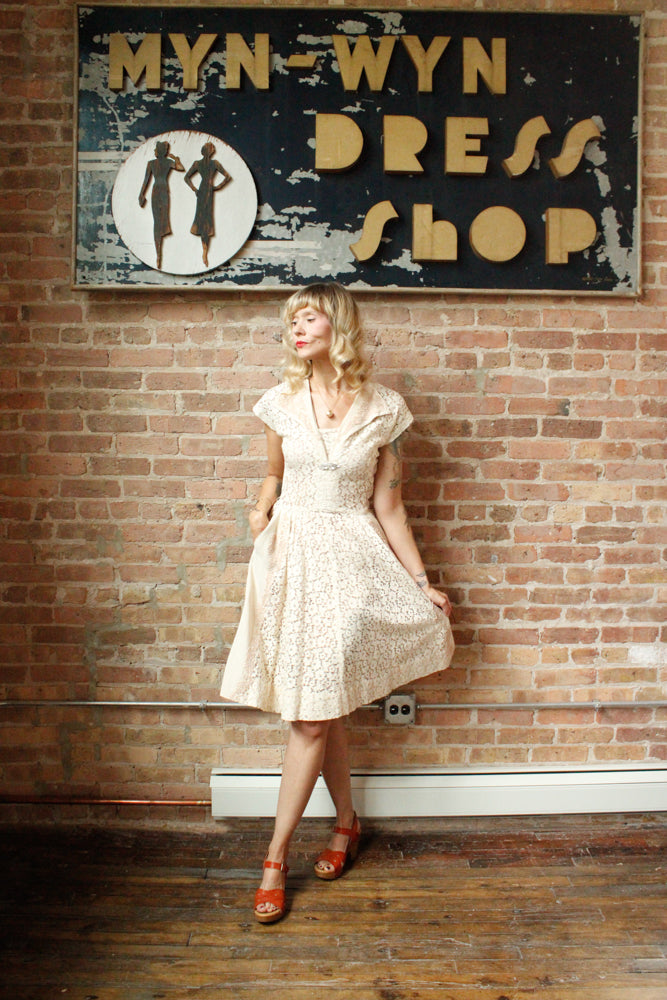 1950s Mademoiselle Juliette Ivory Lace Dress - Small