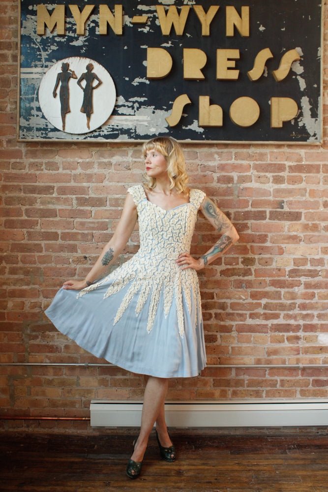 1950s Ribbon Blue Linen Dress - S/M