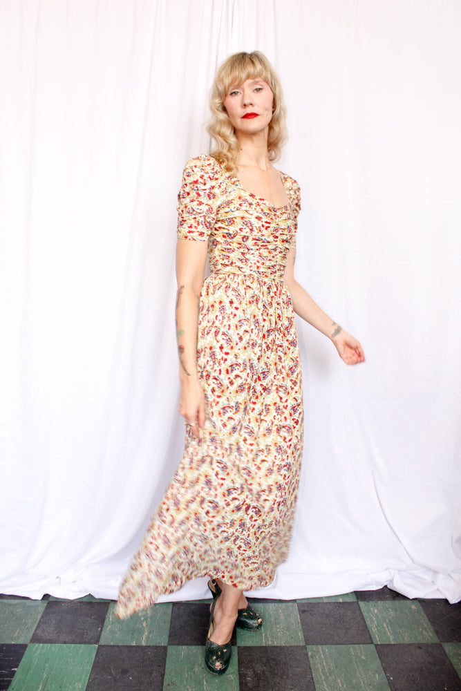 1930s Rayon Jersey Floral Gown - Xsmall