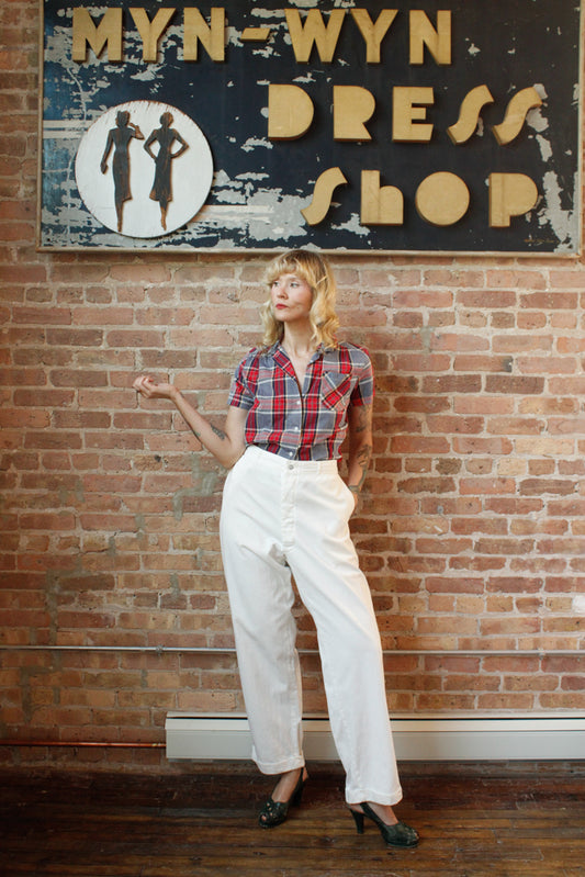 1940s White Button Front Cotton Twill Pant - XL