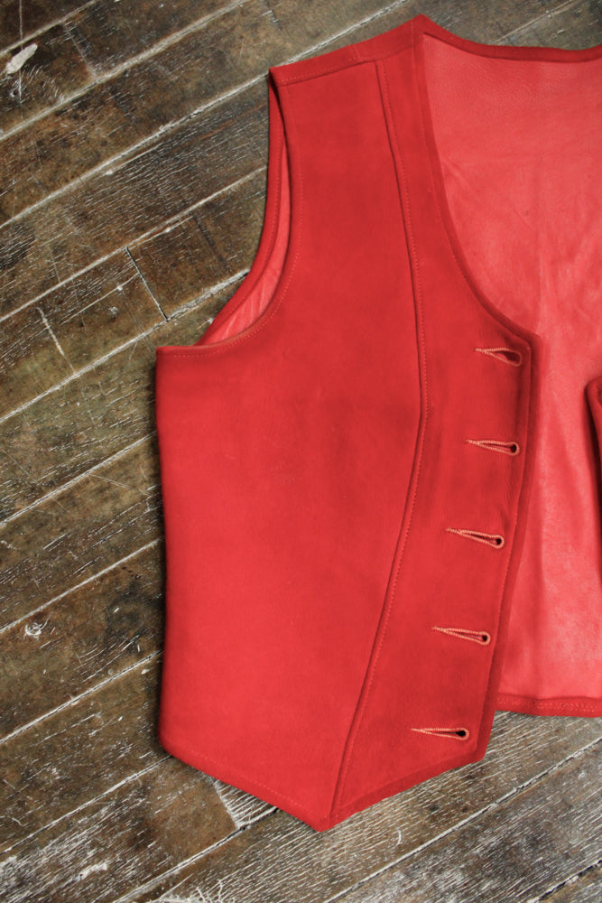 1930s Suede Leather Buckle Back Red Vest - S/M