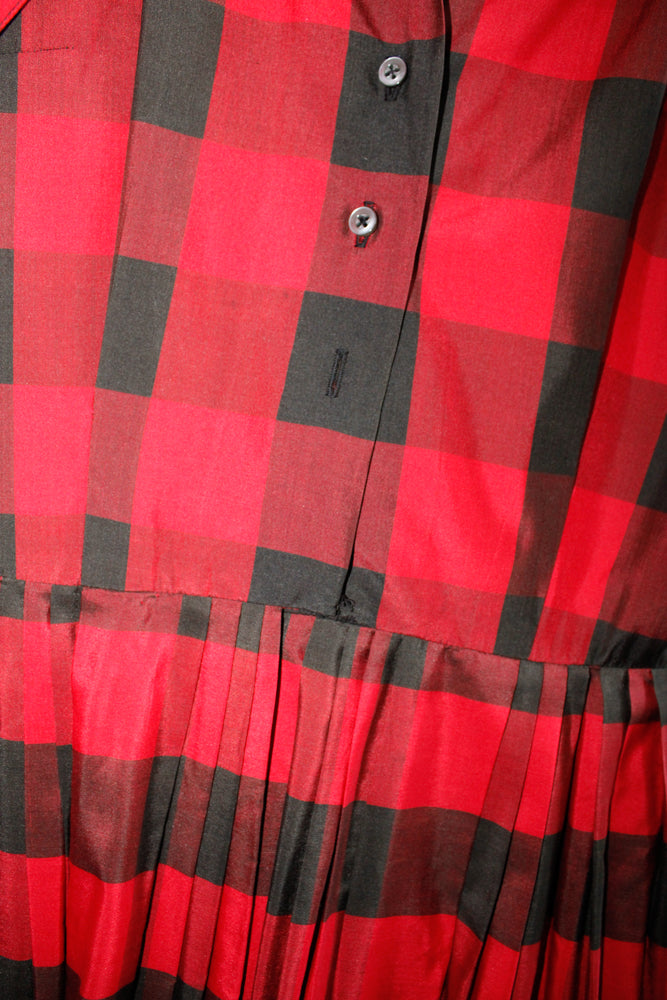 1950s Buffalo Plaid Silk Dress - Medium