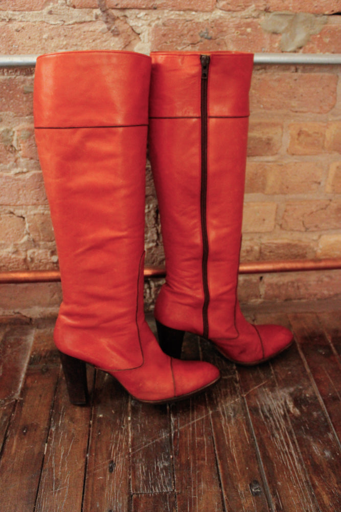 1970s Orange Leather Tall Leather YSL Boots - 8.5M