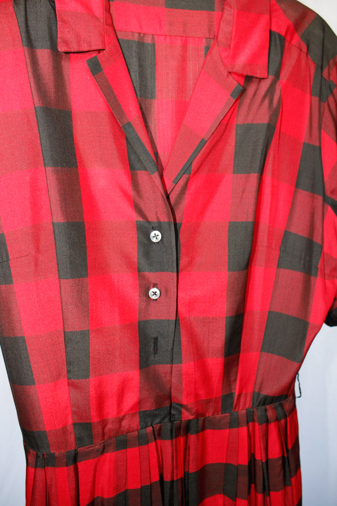 1950s Buffalo Plaid Silk Dress - Medium