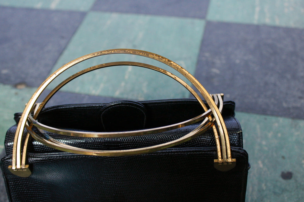 1950s Black Leather Bag with Brass Handles