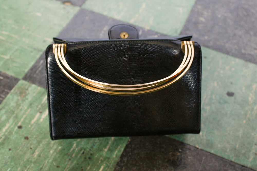 1950s Black Leather Bag with Brass Handles