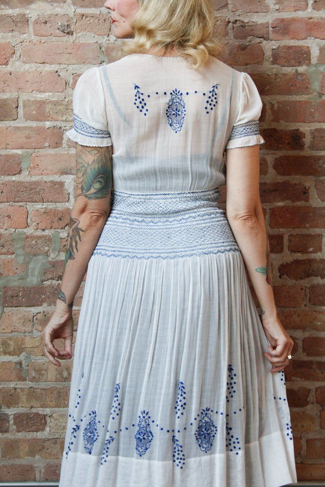 1930s Hungarian Blue Embroidered Cotton Voile Dress - Xs/S