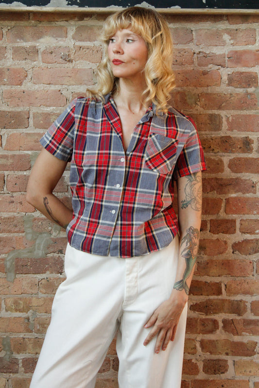 1950s Blue & Red Plaid Cotton Shirt - Medium