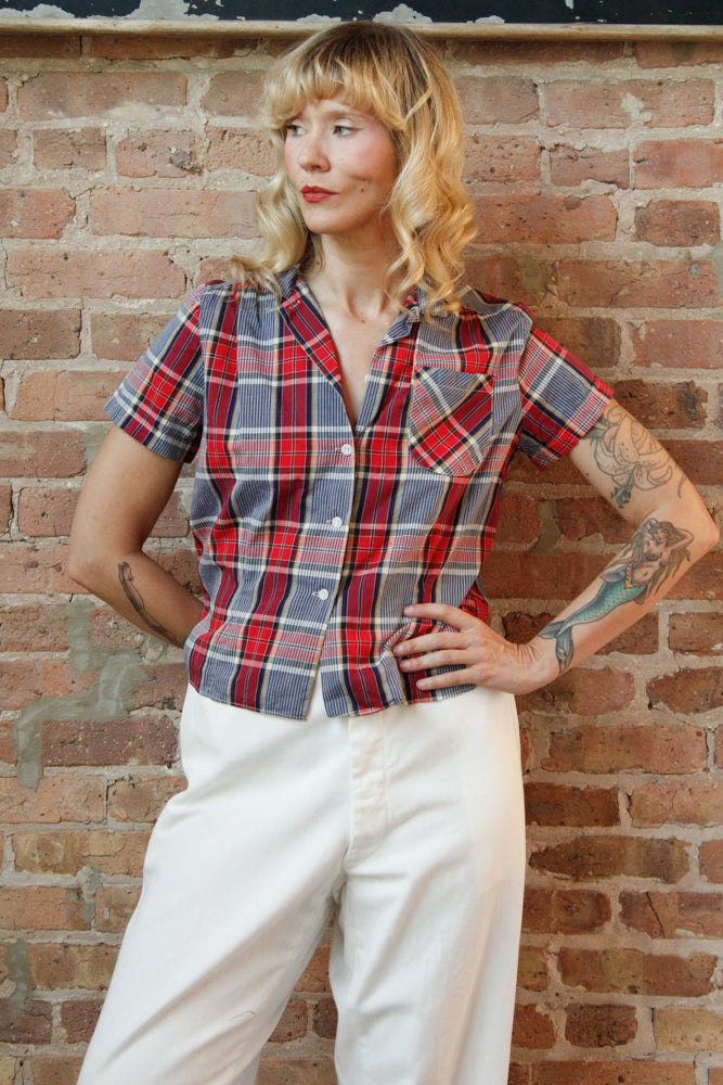 1950s Blue & Red Plaid Cotton Shirt - Medium