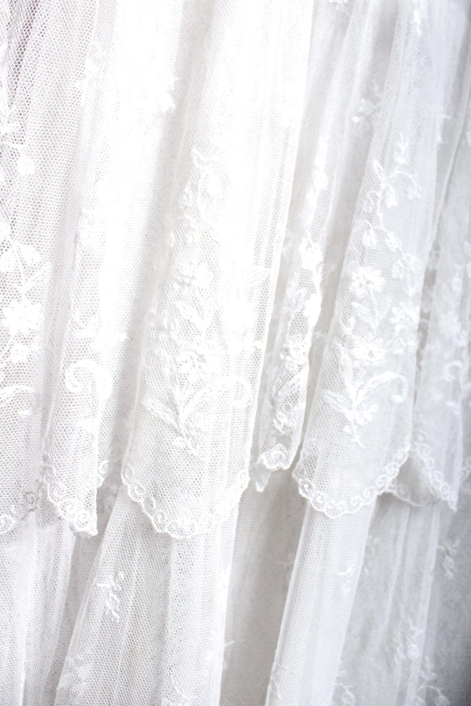 Edwardian Lace Tulle Tiered Sheer Wedding Dress - Small
