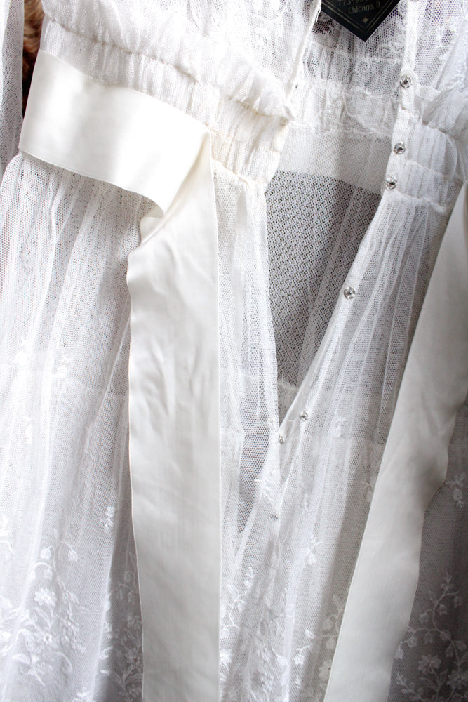 Edwardian Lace Tulle Tiered Sheer Wedding Dress - Small