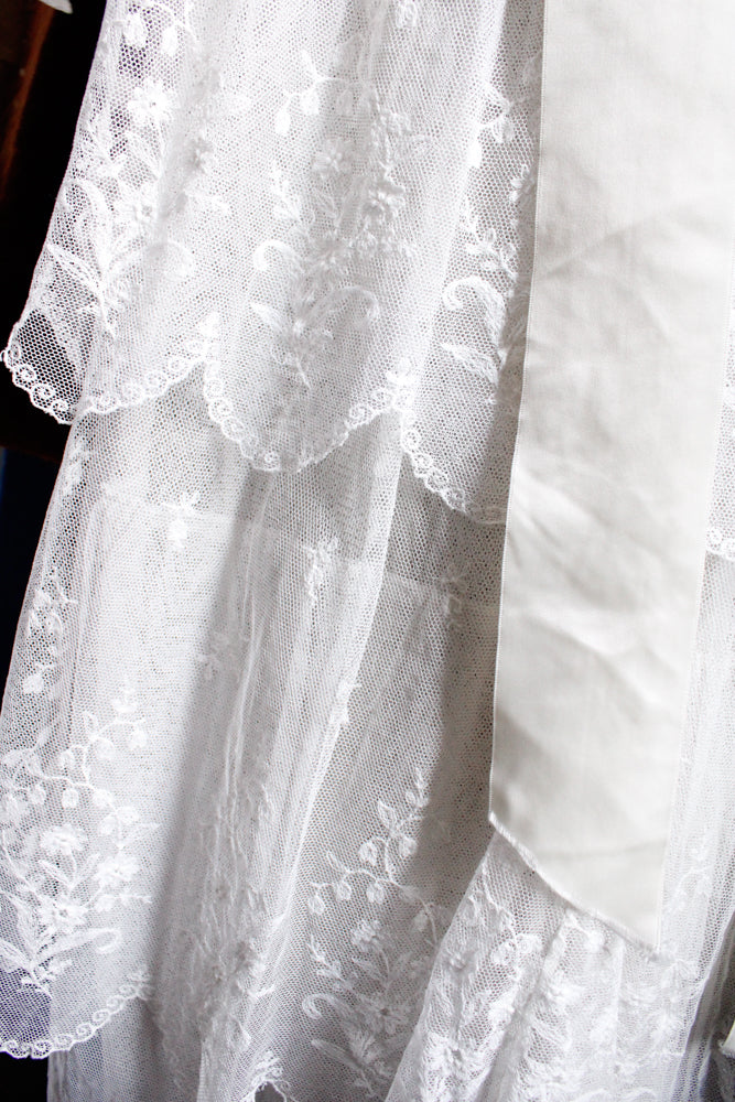 Edwardian Lace Tulle Tiered Sheer Wedding Dress - Small