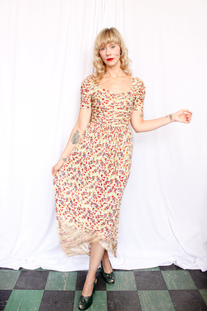1930s Rayon Jersey Floral Gown - Xsmall