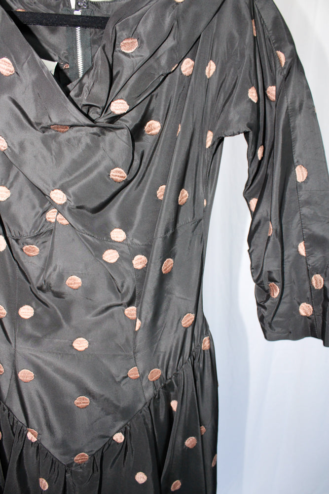 1950s Taffeta Gold Polka Dot Party Dress - Medium
