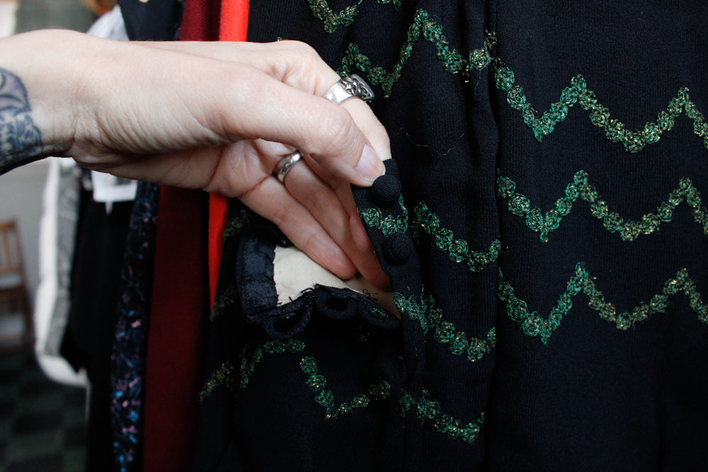 1930s Metallic Waves Embroidered Rayon Crepe Dress - Small
