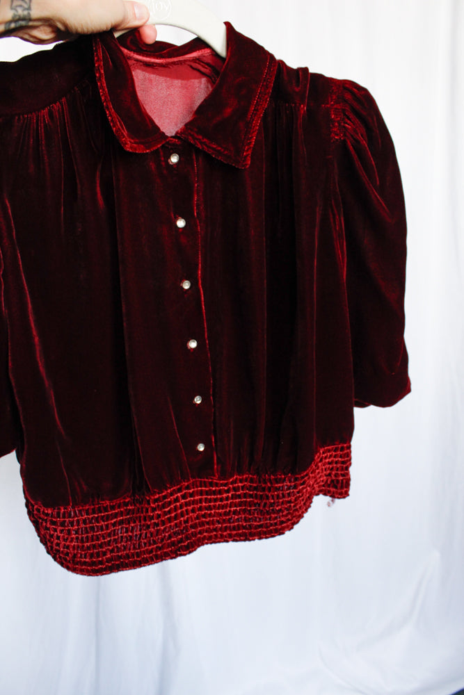 1940s Burgundy Velvet Blouse - Medium