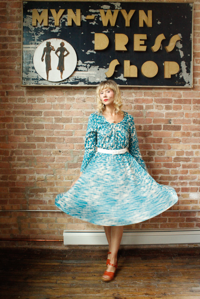 1960s Geometric Teal & White Jersey Dress - Large