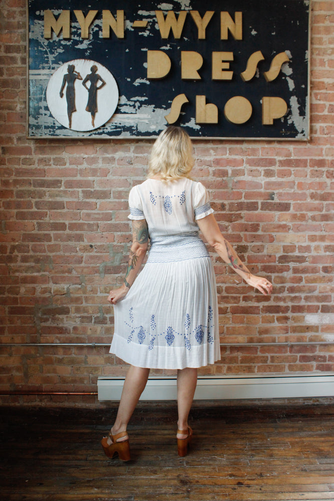 1930s Hungarian Blue Embroidered Cotton Voile Dress - Xs/S