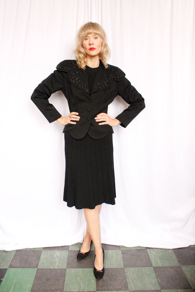 1940s Night Lights Beaded Gabardine Jacket - M/L