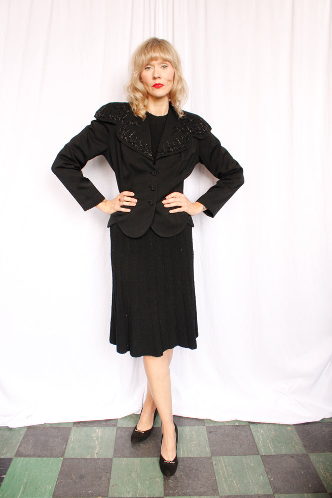 1940s Night Lights Beaded Gabardine Jacket - M/L