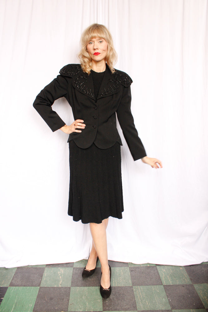 1940s Night Lights Beaded Gabardine Jacket - M/L