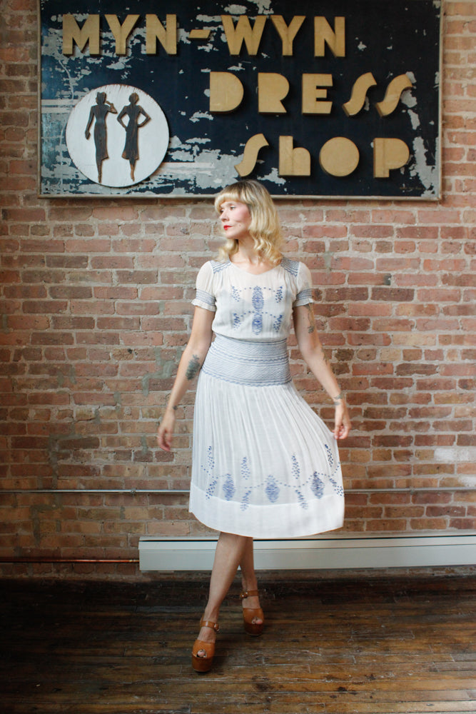 1930s Hungarian Blue Embroidered Cotton Voile Dress - Xs/S